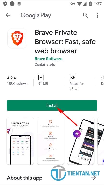 Nhấn Install để cài đặt Brave trên điện thoại iOS và Android